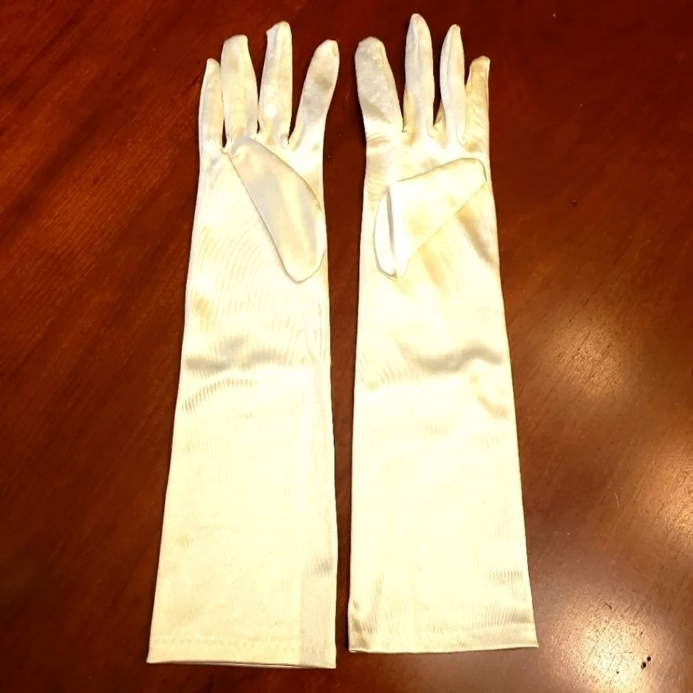 Champagne Satin Finish Stretch Opera Length Wedding Gloves GUC